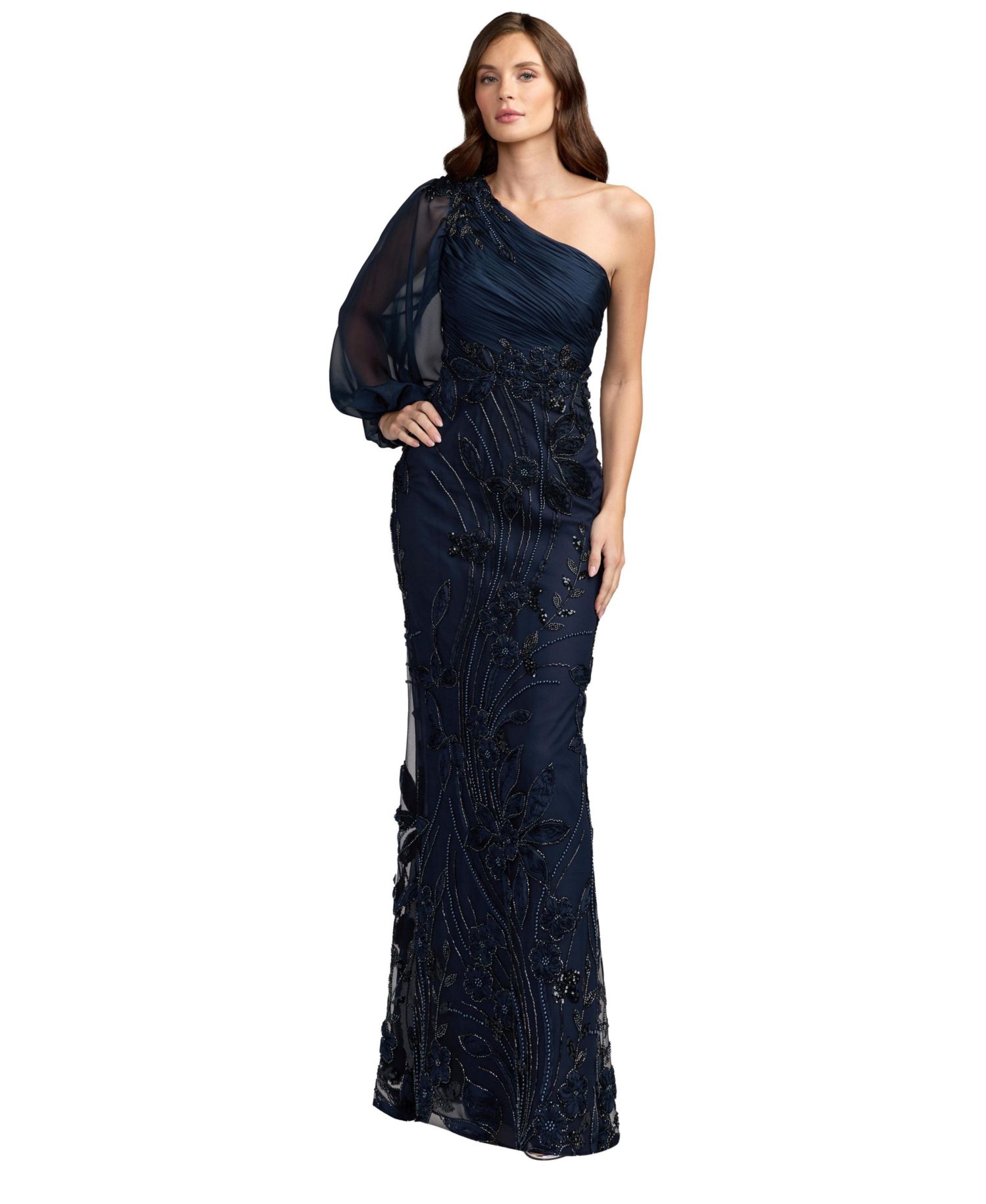 Petite One Shoulder Chiffon Gown with Embroidered Floral Skirt