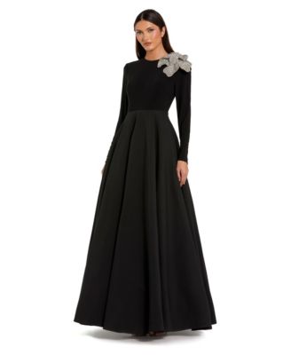 Petite Long Sleeve Taffeta 3D Flower Ball Gown