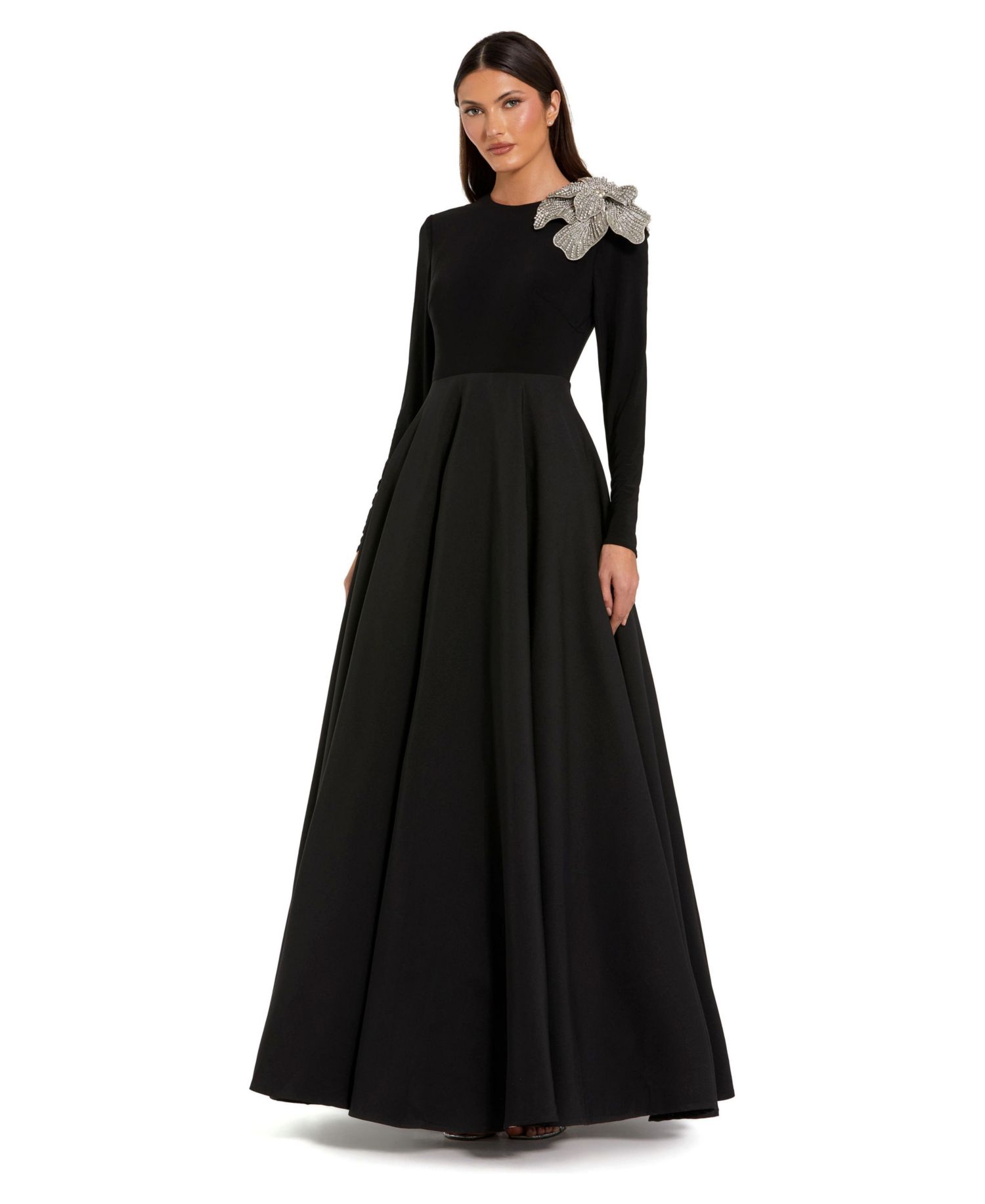 Petite Long Sleeve Taffeta 3D Flower Ball Gown