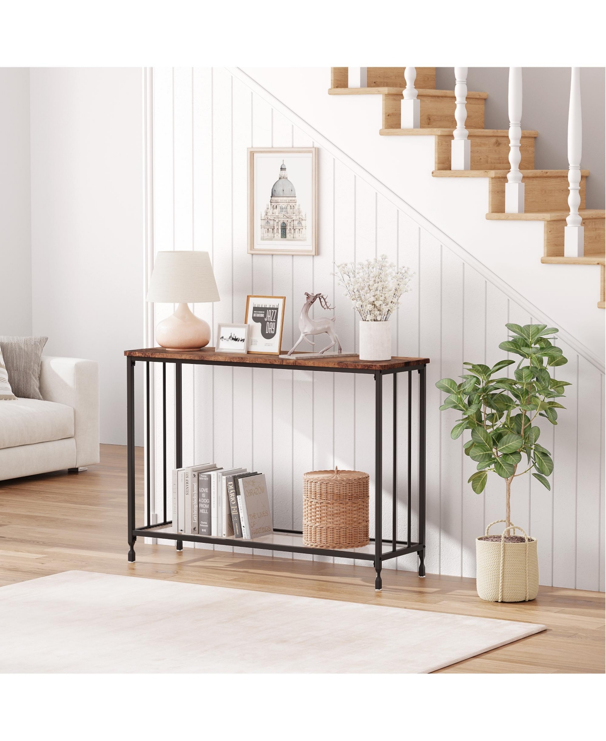 homfan Entryway Console Table -Fluted Glass Structure, 2 Tier Storage Sofa Side for Hallway Living Room Bedroom