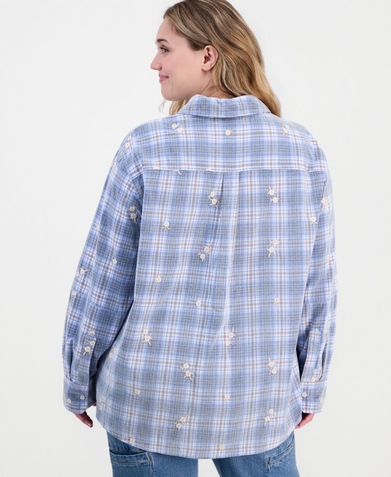 Trendy Plus Size Long-Sleeve Plaid Cord-Embroidered Blouse