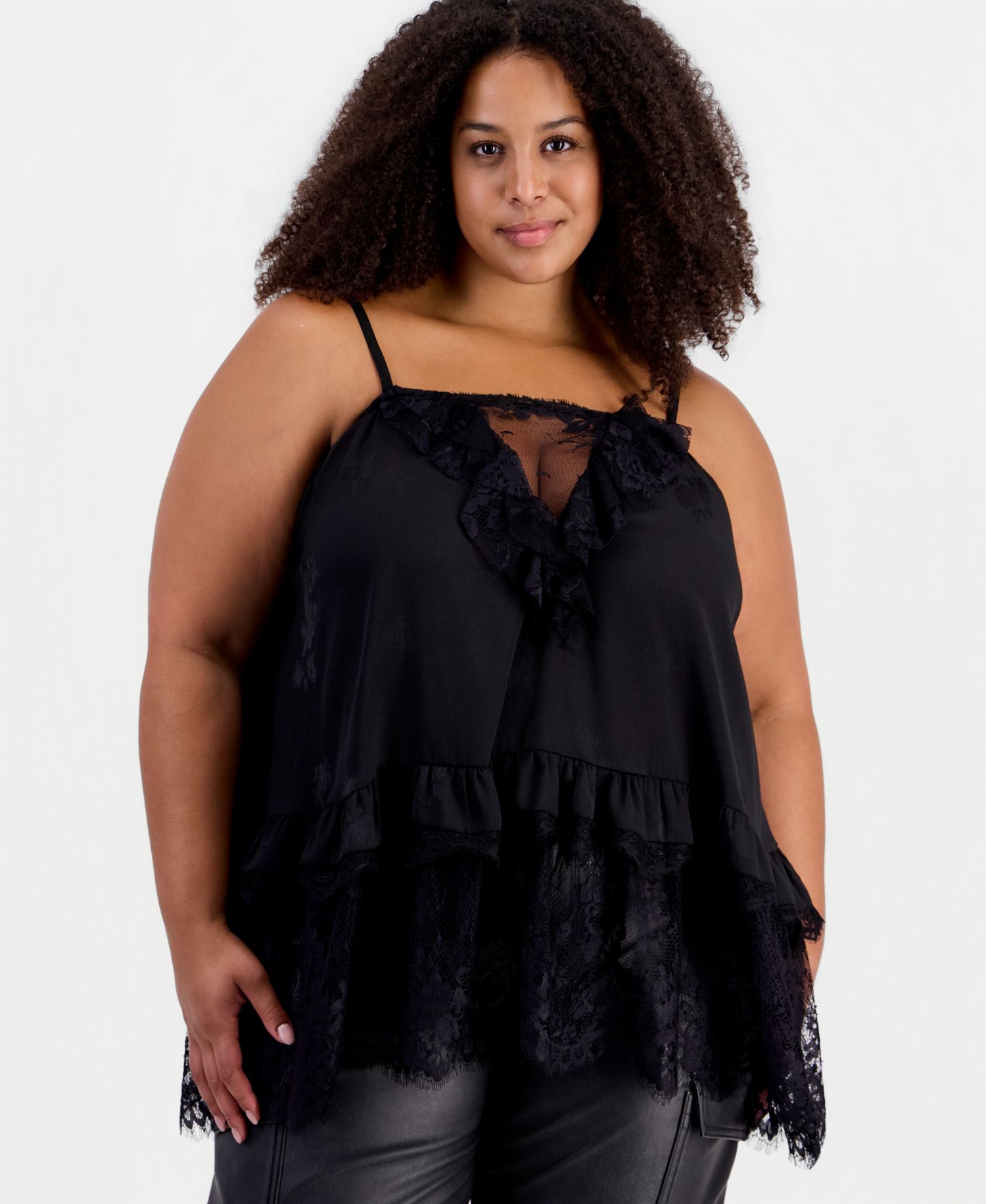 Plus Size Lace Trim Long Ruffle-Trim Camisole