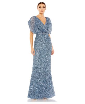 Women's Petite Draped Sleeve V Neck Gown