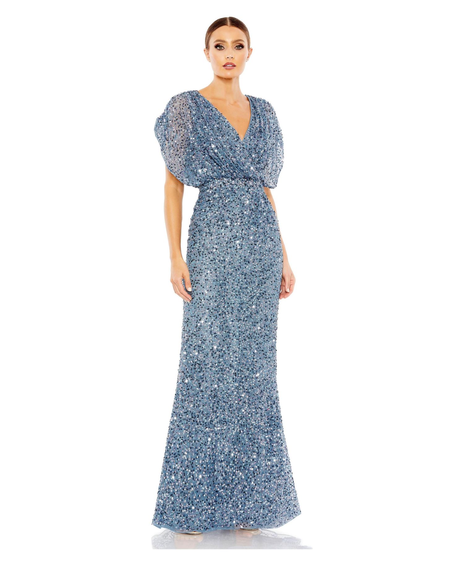 Women's Petite Draped Sleeve V Neck Gown