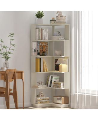 6 Tier Freestanding L-Shaped Corner Bookshelf, Wooden Bookcase Display Shelf Open storage rack Organizer