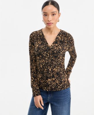 Women's Long-Sleeve V-Neck Print Blouse