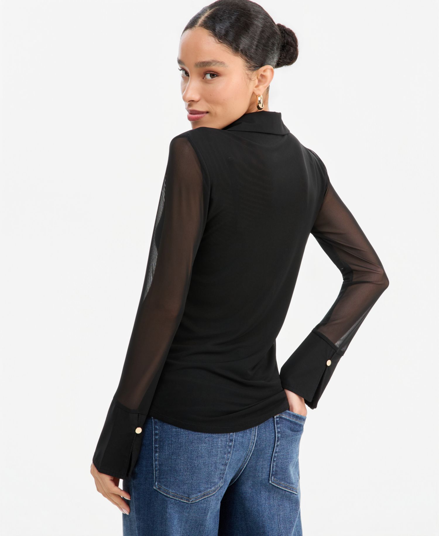 Women's Mesh Collared Long-Sleeve Top