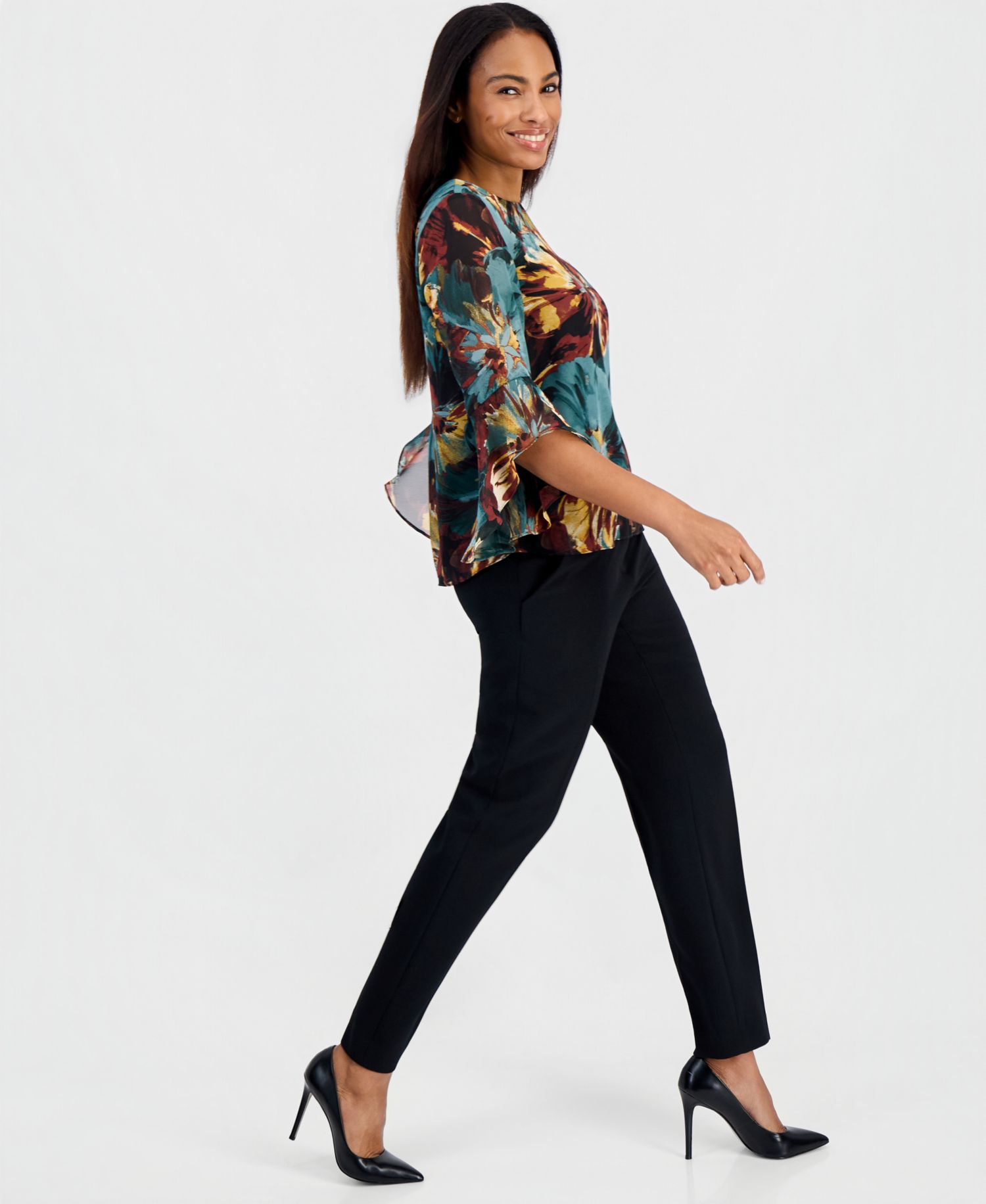 Women's Floral Chiffon 3/4-Sleeve Ruffled Blouse
