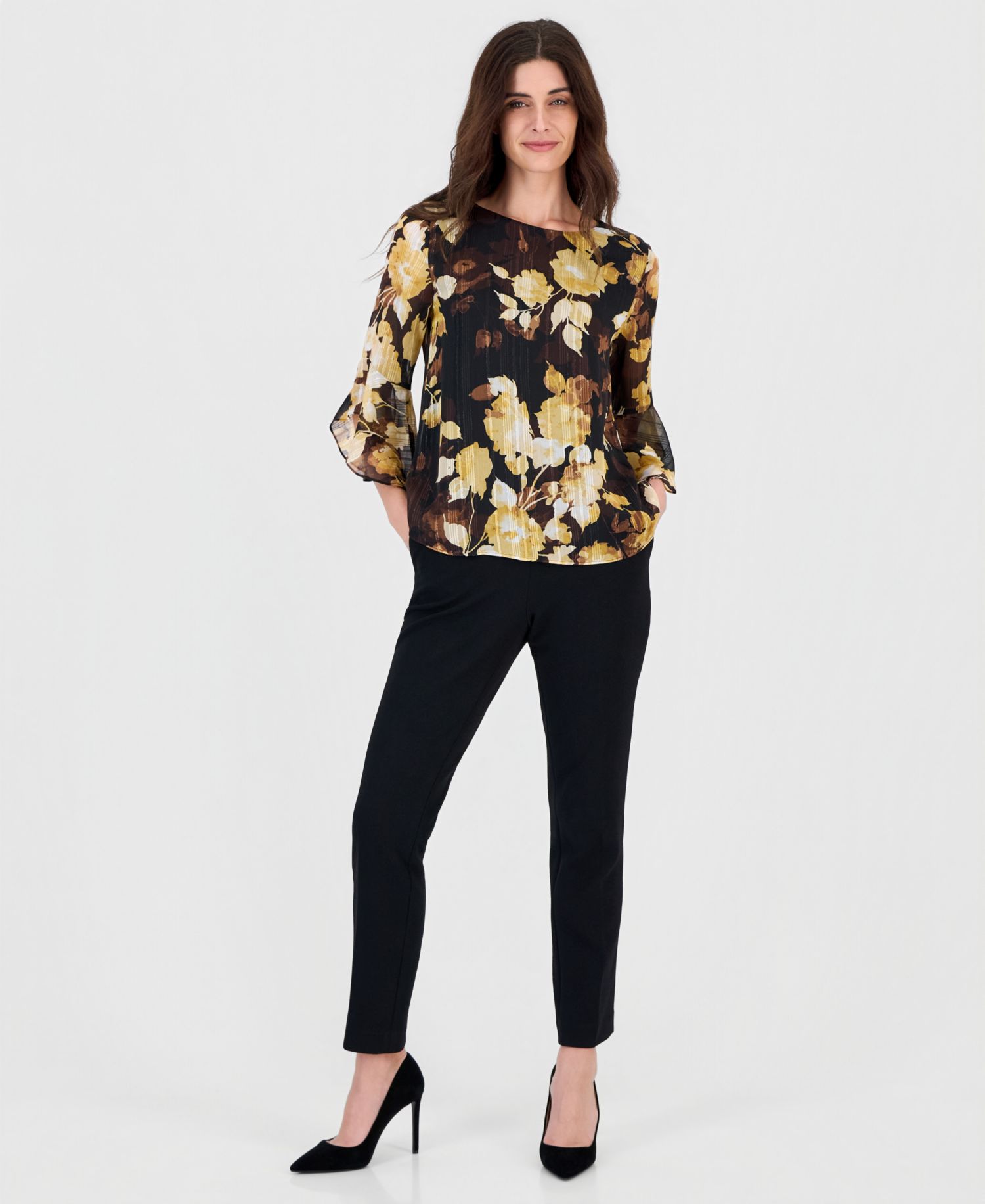 Women's Floral-Print 3/4-Length Ruffled Sleeve Chiffon Blouse