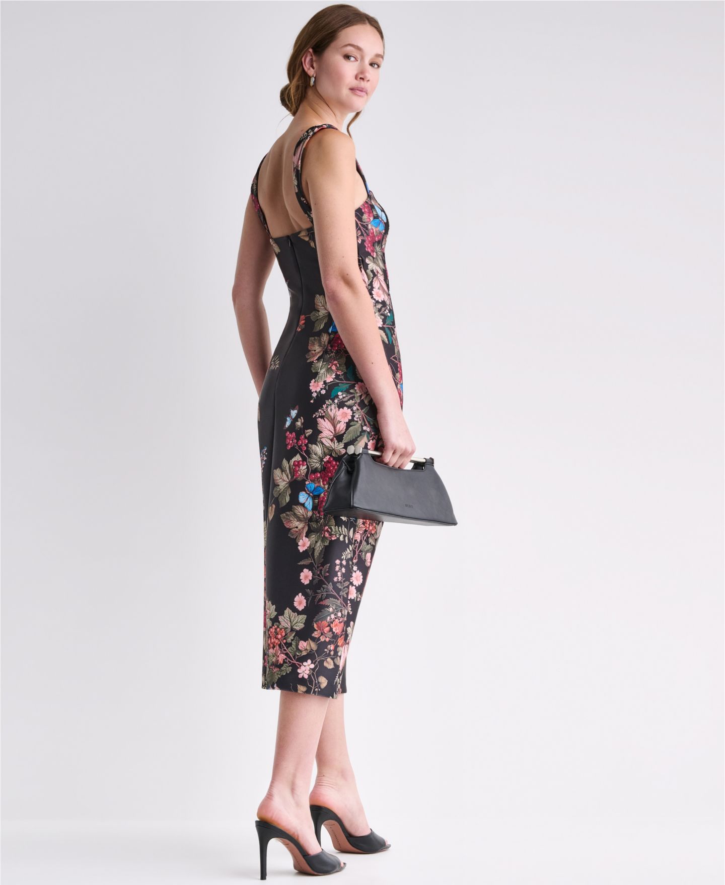 Женское платье BCBG Floral Print Square Neck Satin Midi, цвет: Чёрный / Разноцветный — фото 8