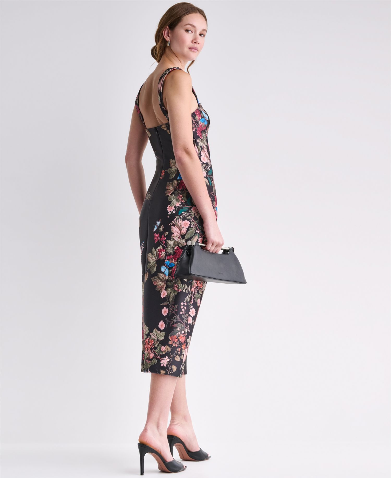 Women's Floral Print Square Neck Satin Midi Dress