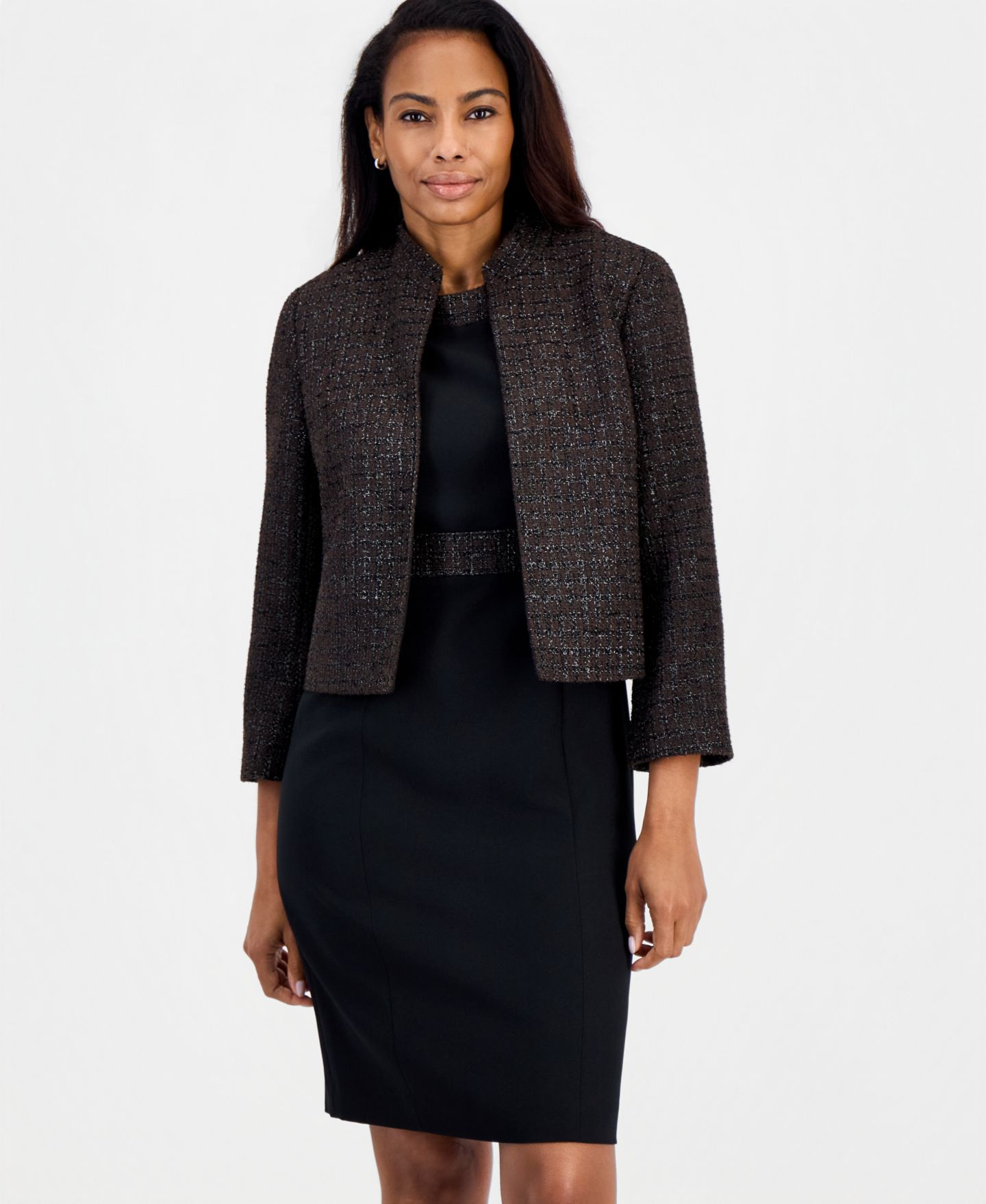 Женская куртка Kasper Bell Sleeve Eyelash Tweed Stand Collar, цвет: Шоколадный / Чёрный — фото 5