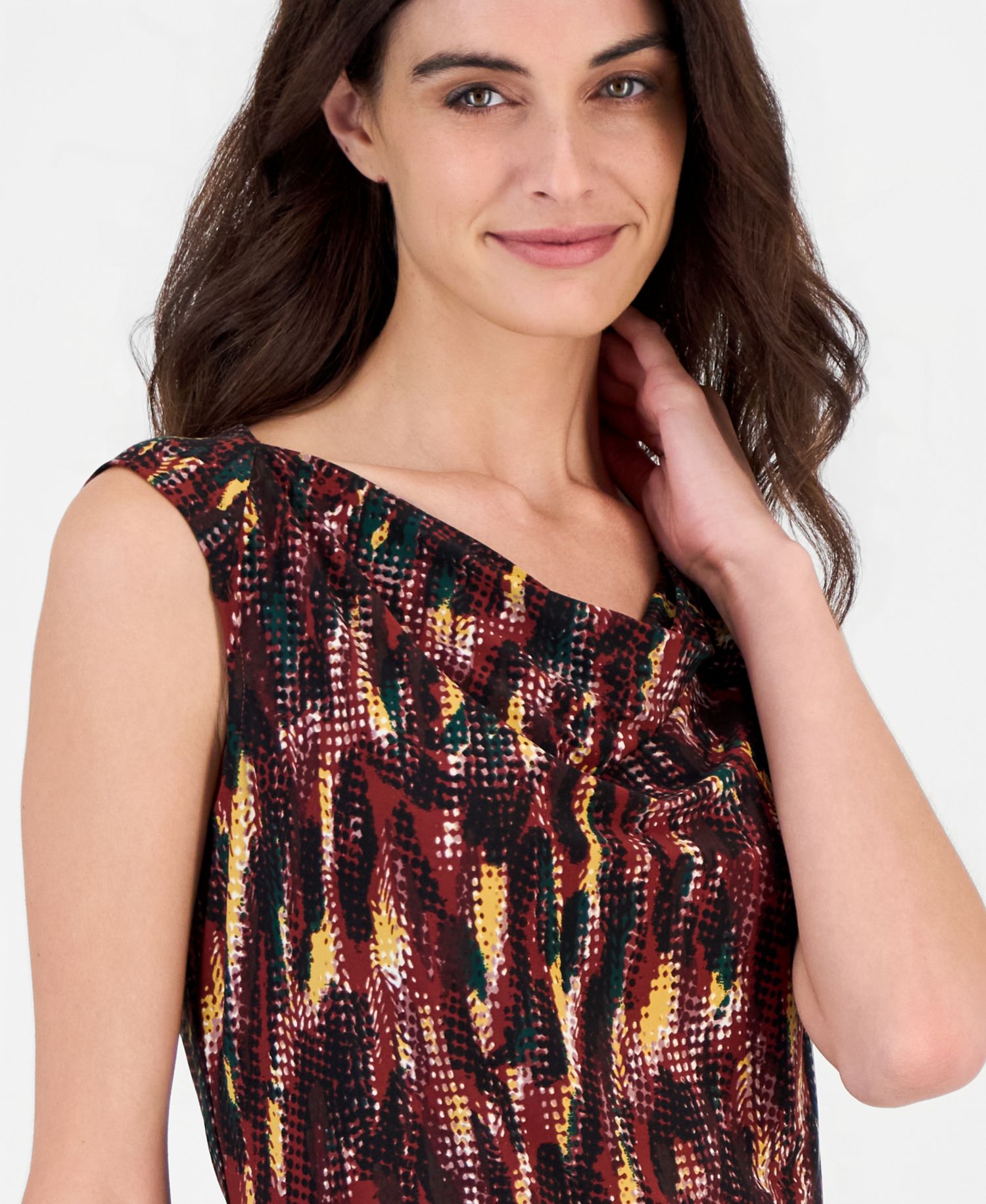Petite Allover-Print Cap-Sleeve Cowl-Neck Blouse