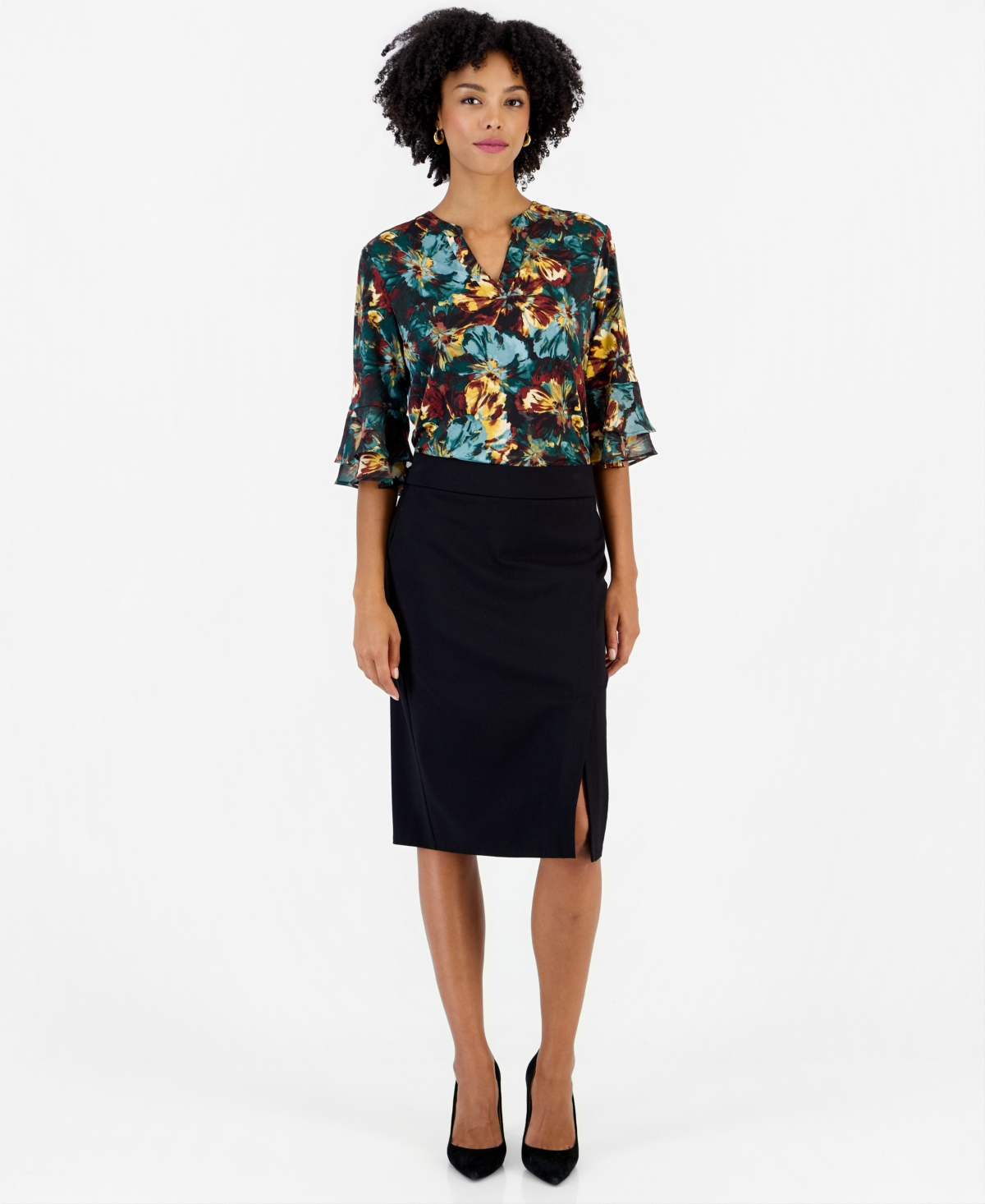 Kasper Women's Faux-Wrap High-Waisted Front-Slit Midi Skirt