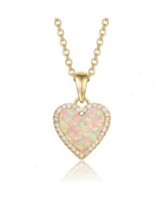 14K Gold Plated Sparkling Heart Opal and CZ Halo Necklace