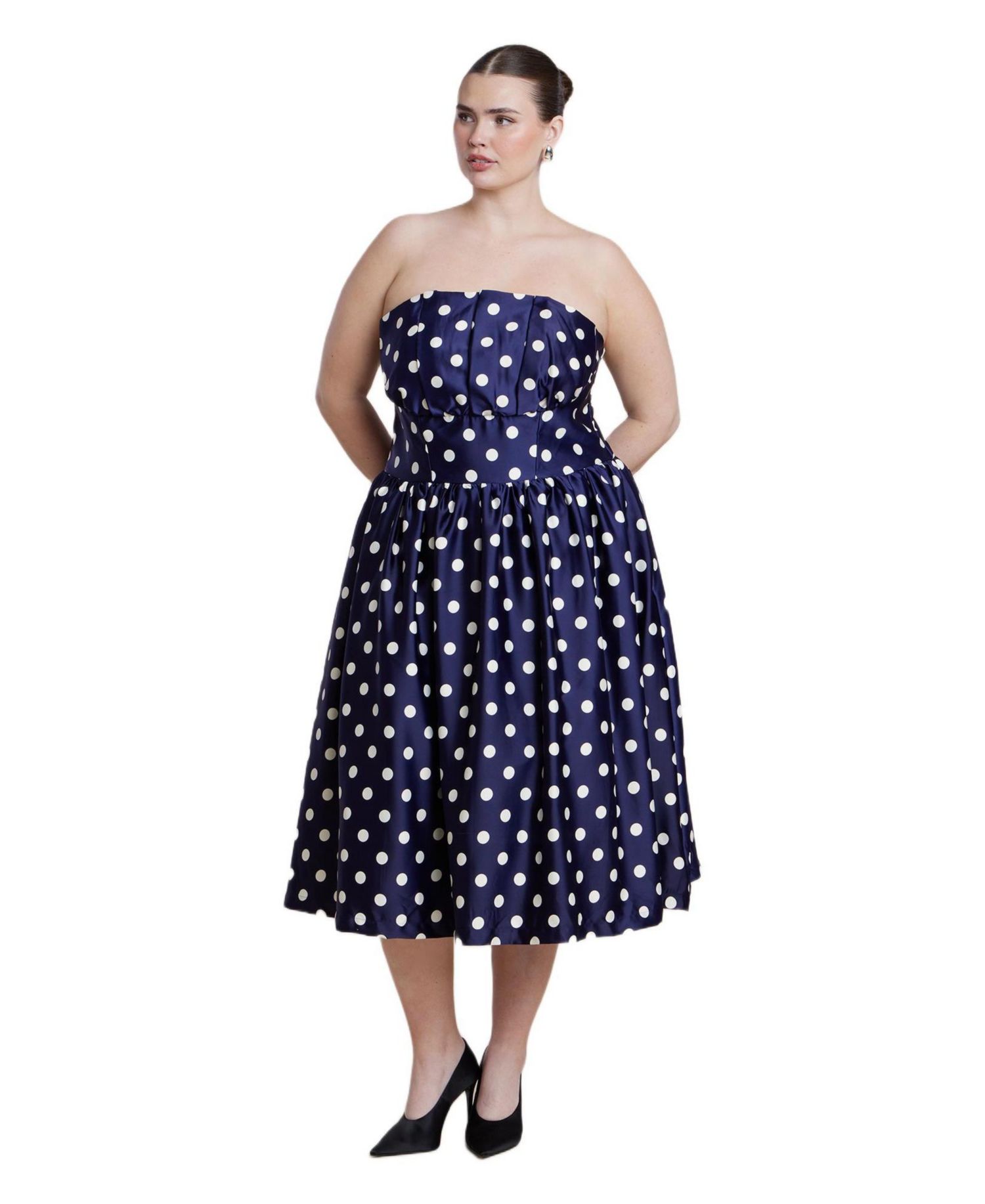 Women's Strapless Polka Dot Flare Midi Dress