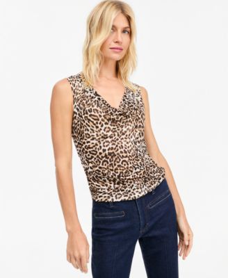 Women's Sleeveless Cowl-Neck Printed Mesh Top