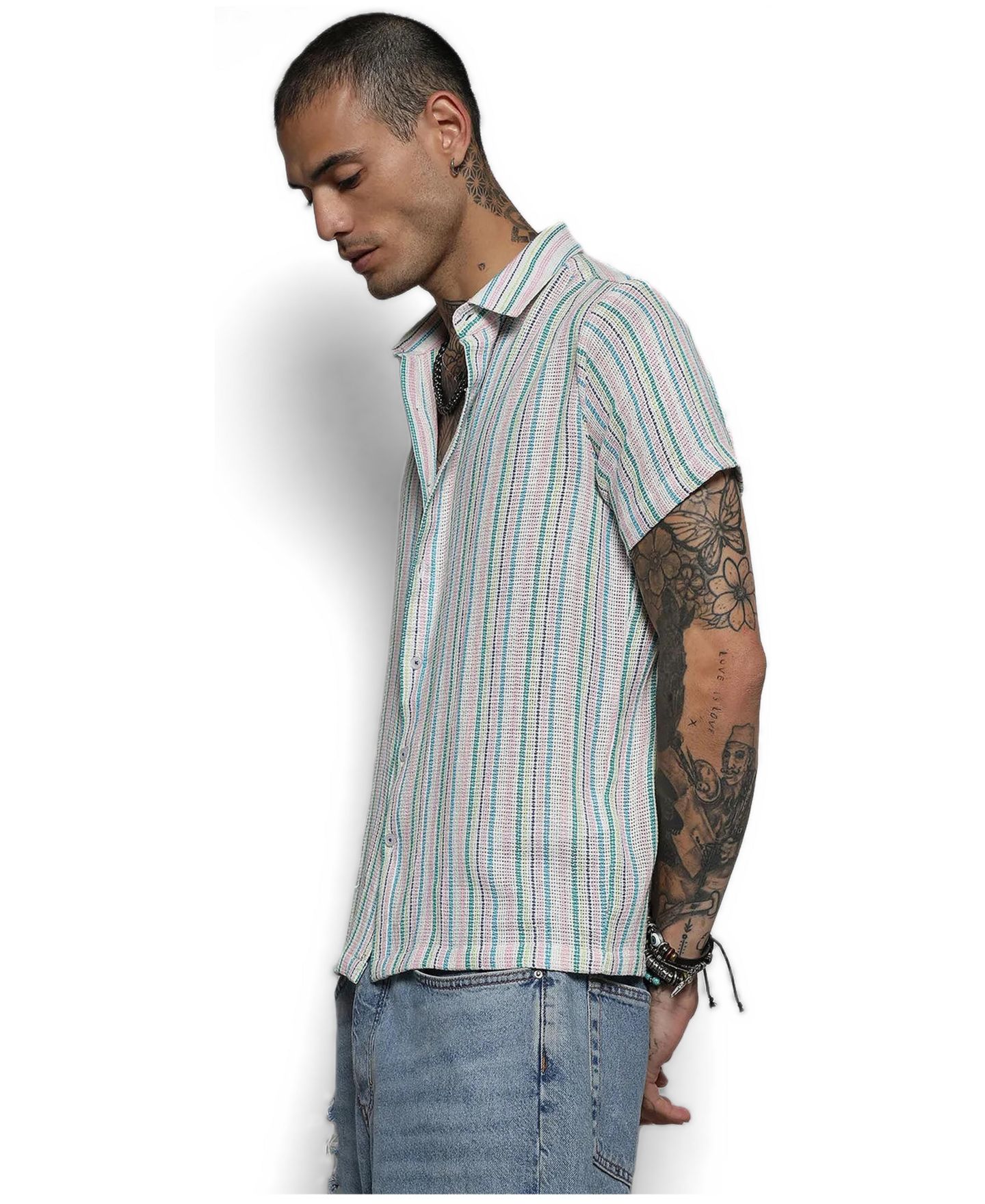 Мужская рубашка Cahoot Campus Sutra Pink & Green Unbalanced Striped Woven, цвет: Белый — фото 3