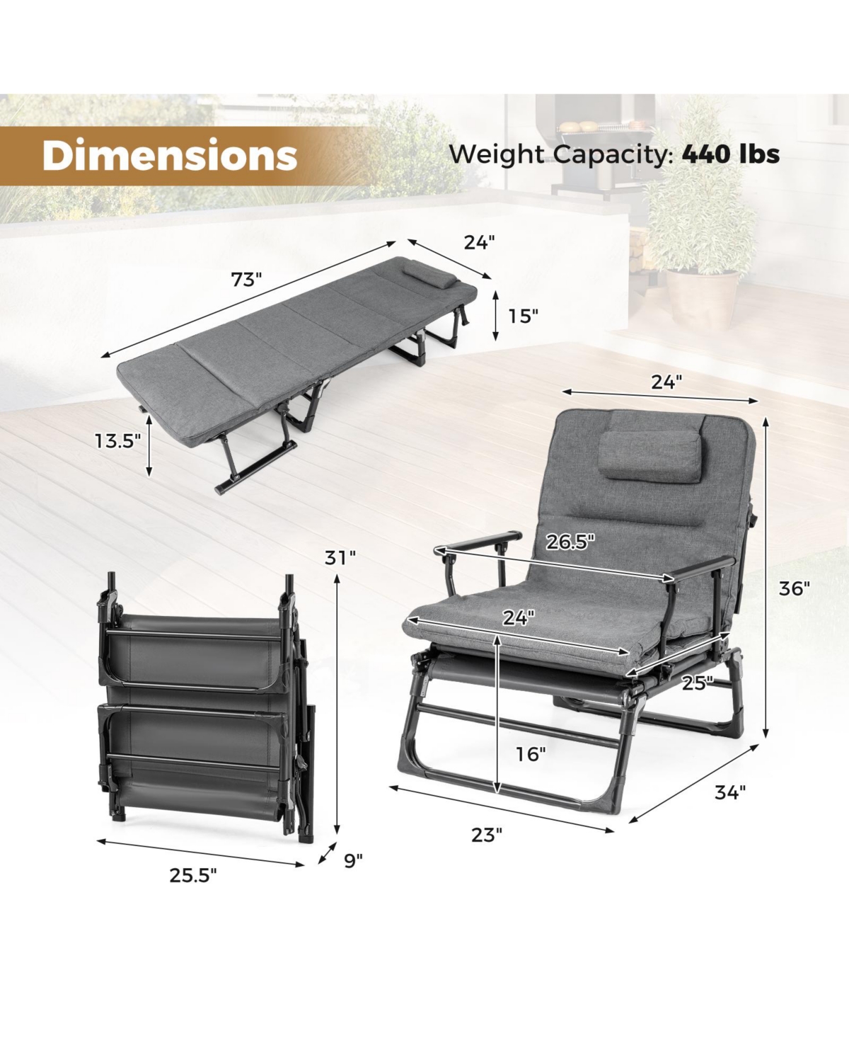 Sugift Folding Camping Cot 3 in 1 Convertible Sofa Chaise Lounge Sleeper with Mattress