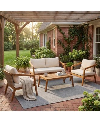 4-Piece Outdoor Acacia Wood Conversation Set, PE Wicker Loveseat and Club Chairs