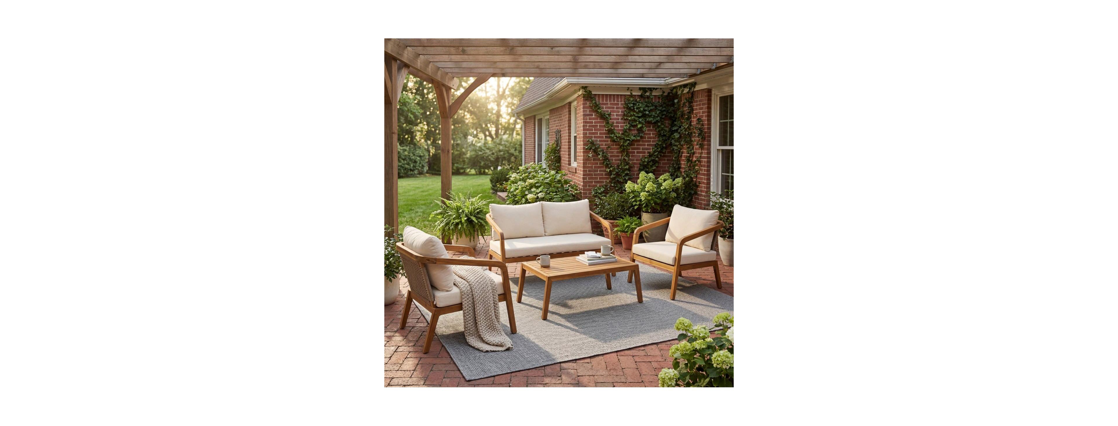 Asagikoiai 4-Piece Outdoor Acacia Wood Conversation Set, Pe Wicker Loveseat and Club Chairs