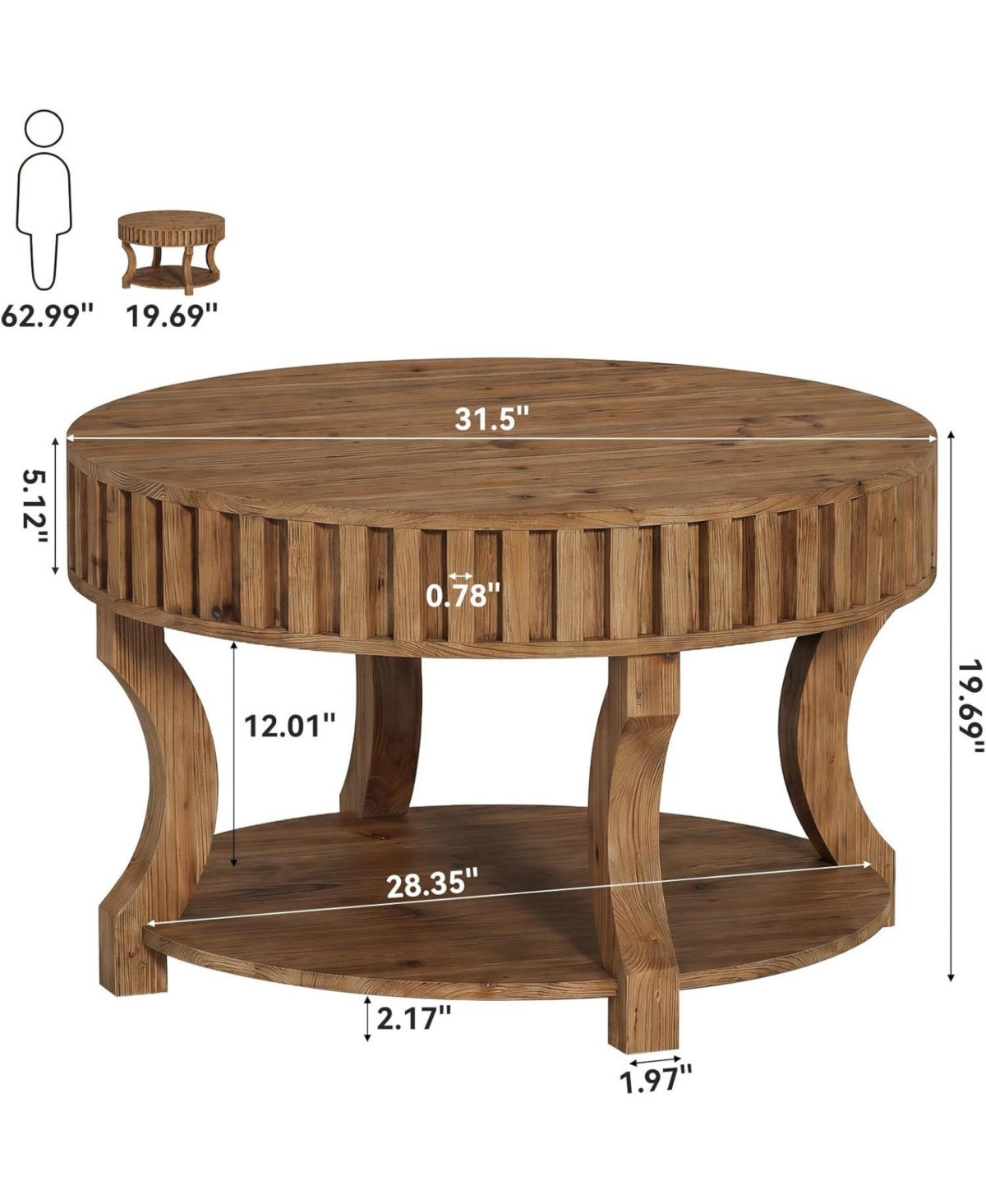 Tribesigns 31.5-In Round Coffee Table, Farmhouse 2-Tier Center Table with Storage, Fluted Solid Wood Cocktail Table for Living Room