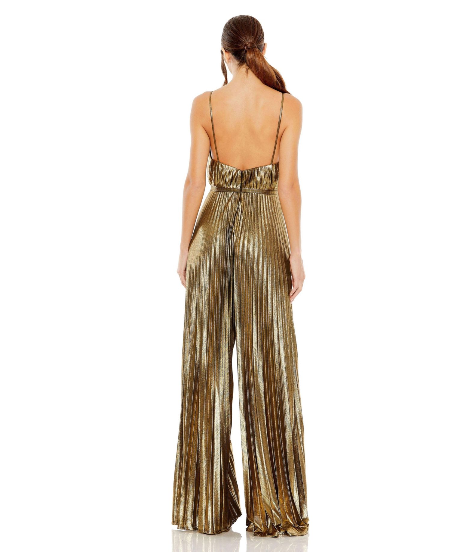 Women's Petite Metallic Pleated Wide-Leg V-Neck Jumpsuit