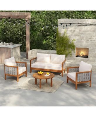 4-Piece Outdoor Woven Rope Sofa Set with Acacia Wood Frame for Patio Backyard