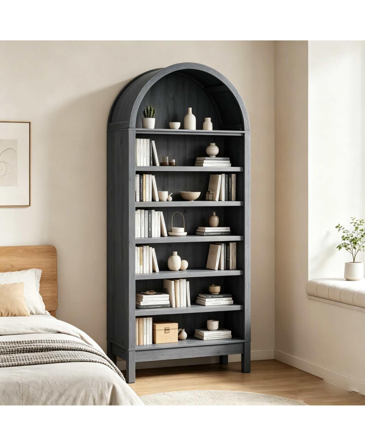 gaomon 71" Tall 7 Tier Arched Bookcase Bookshelf with Adjustable Shelves, Wooden Storage Cabinet for Bedroom - Black