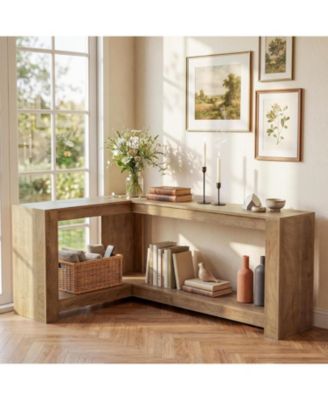 L-Shaped Console Table, 63" Sofa Table Behind Couch with 2-Tier Storage Shelves, Narrow Entryway Table, Couch Table