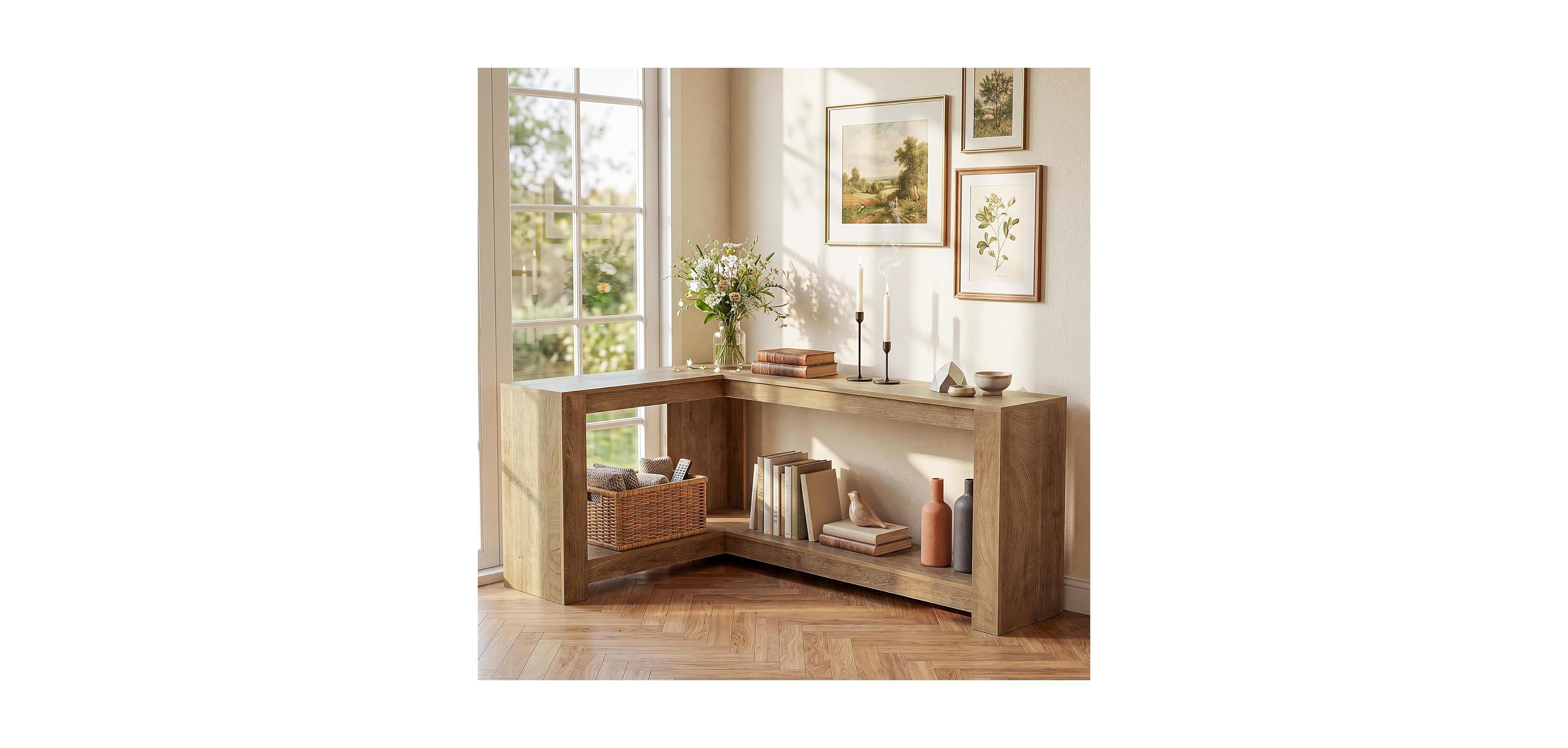 Tribesigns L-Shaped Console Table, 63" Sofa Table Behind Couch with 2-Tier Storage Shelves, Narrow Entryway Table, Couch Table
