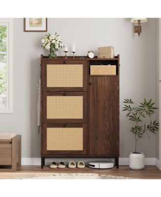 Space-Saving Rattan Shoe Cabinet 3 Turn-style Drawers and 4 Open Side Shelves, Adjustable Shelves, Slim Freestanding Entryway Shoe Organizer