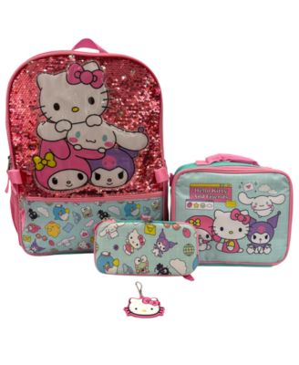 Boys' and Girls' Hello Kitty Backpack, Lunch Bag, Pencil Case and Carabiner Clip, 4 Pieces Set