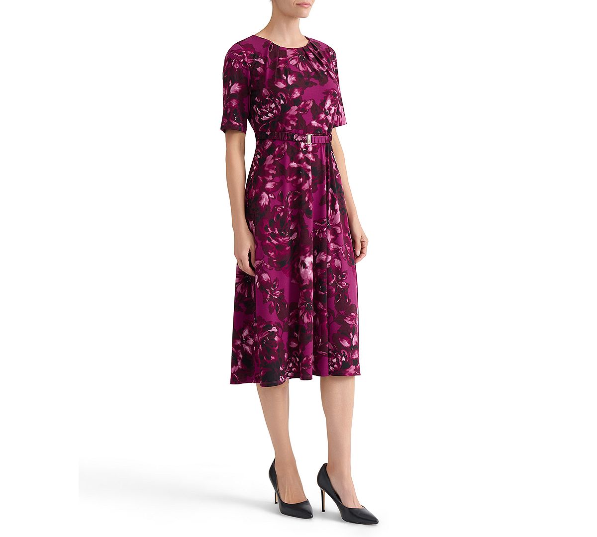 Kasper Women's Pleat-Neck Belted Short-Sleeve Dress view 7 — MAYCSS fashion products