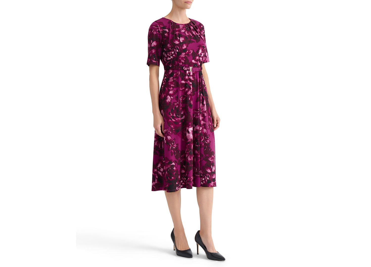Women's Pleat-Neck Belted Short-Sleeve Dress