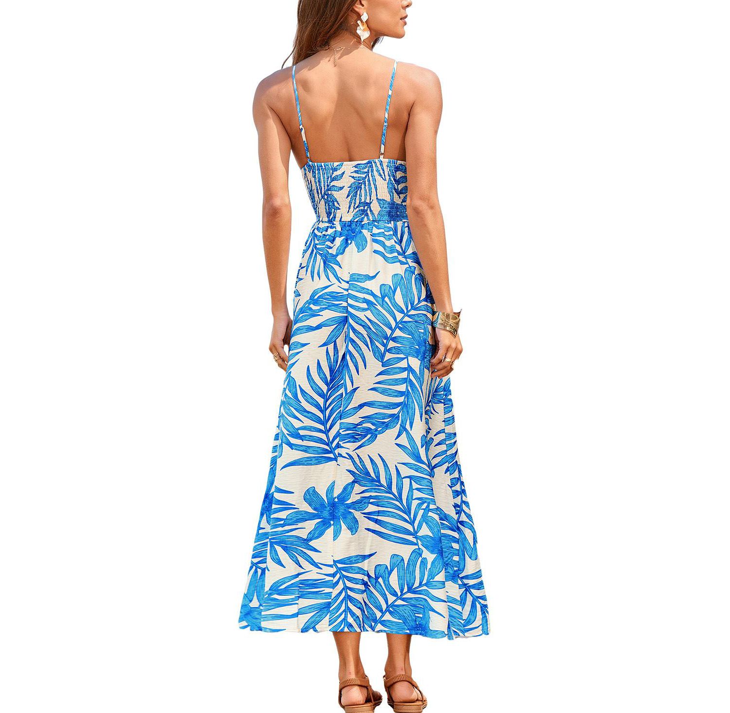 Women's V-Neck Leaf Print Beach Dress