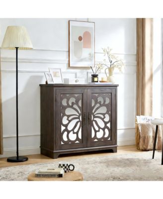 Acrylic Mirror Door Buffet Cabinet, MDF Hollow-Carved Accent Cabinet  Storage Sideboard with Adjustable Shelves