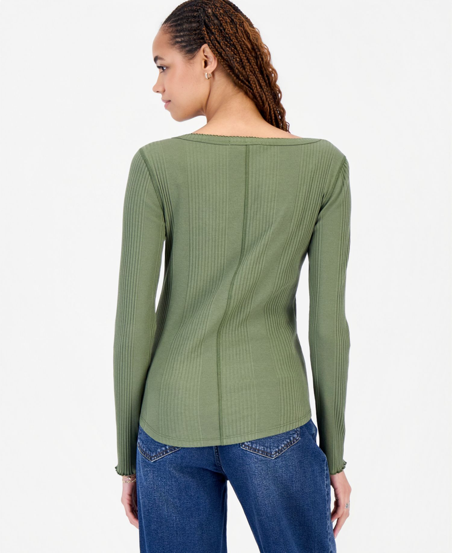 Juniors' Layered-Look Henley Ribbed Long-Sleeve Top