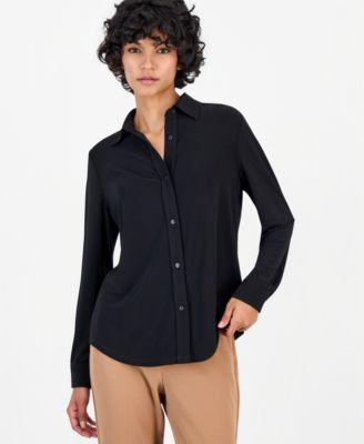 Petite Long-Sleeve Collared Knit Button-Down Shirt