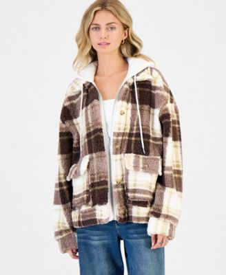 Juniors' Sherpa-Lined Plaid Hooded Shacket
