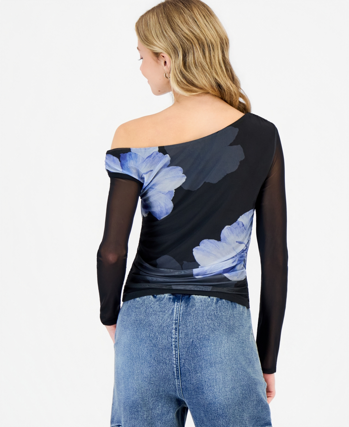 Madden Girl Juniors' Asymmetrical Off-the-Shoulder Mesh Top