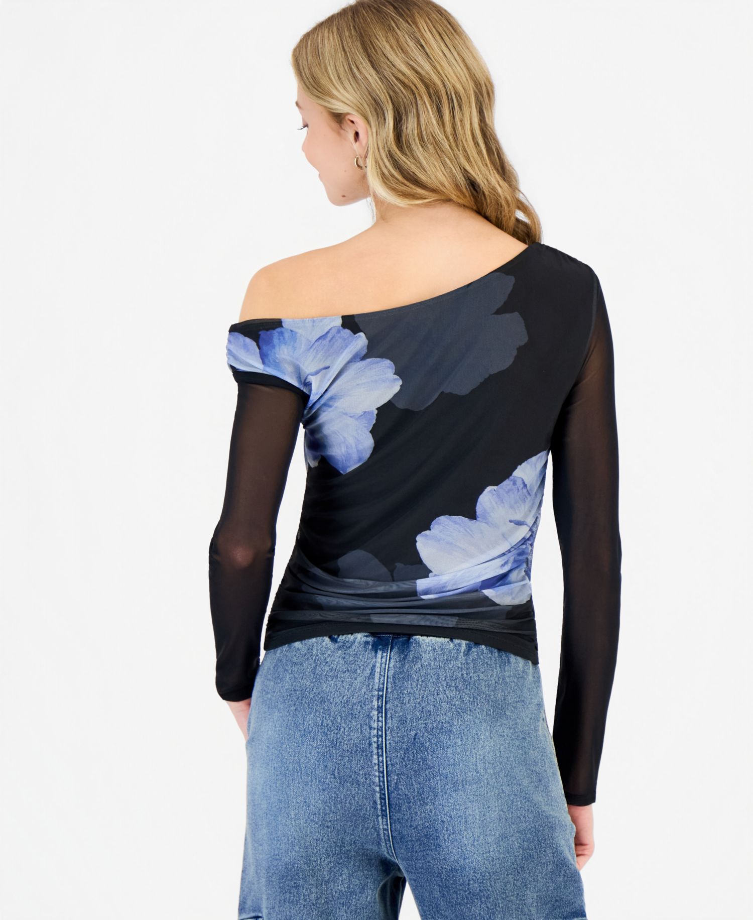 Juniors' Asymmetrical Off-the-Shoulder Mesh Top