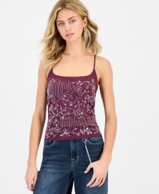 Juniors' Beaded Floral Scoop Neck Spaghetti-Strap Camisole