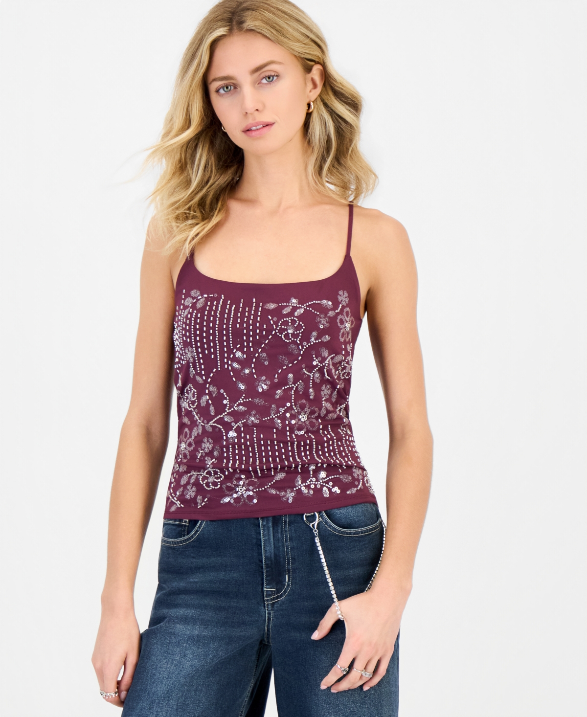 Madden Girl Juniors' Beaded Floral Scoop Neck Spaghetti-Strap Camisole