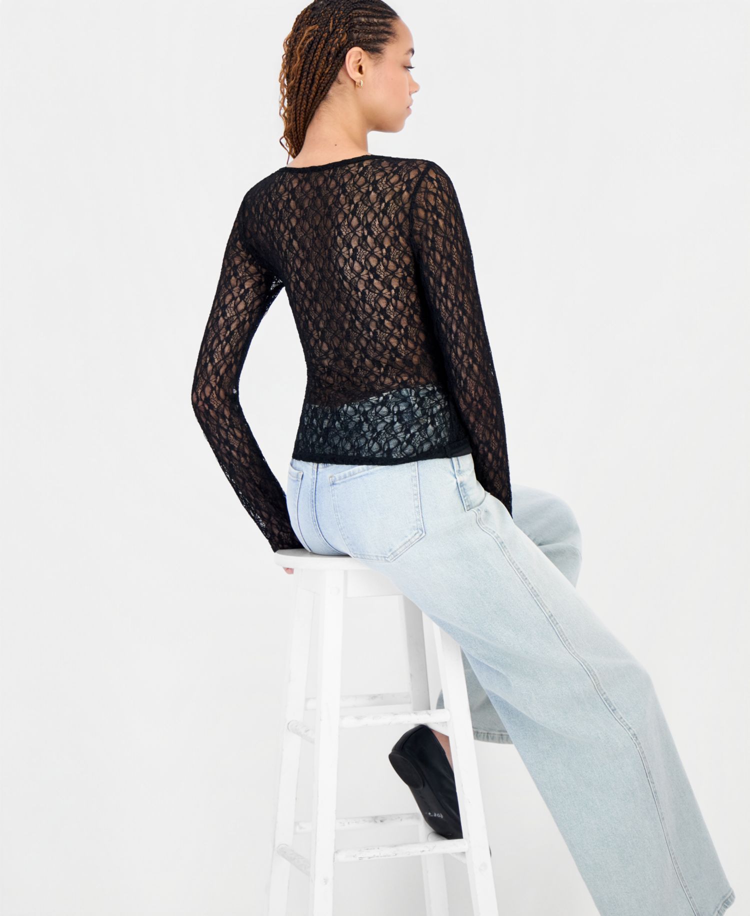 Juniors' Lace Surplice Wrap Long-Sleeve Top