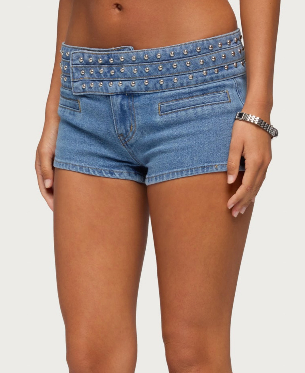 Edikted Women's Odetta Studded Low Rise Denim Shorts
