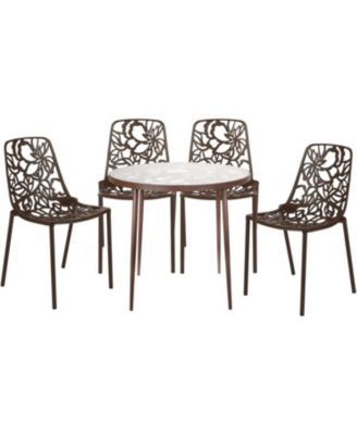 Devon 5-Piece Outdoor Dining Set - Round Glass Table with 4 Black Flower Design Stackable Chairs