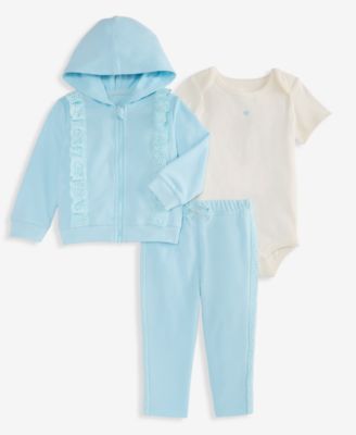 Baby Girls' Eyelet-Trim Zip-Front Hoodie, Bodysuit and Pants, 3-Piece Set