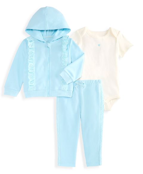 First Impressions Baby Girls' Eyelet-Trim Zip-Front Hoodie, Bodysuit and Pants, 3-Piece Set
