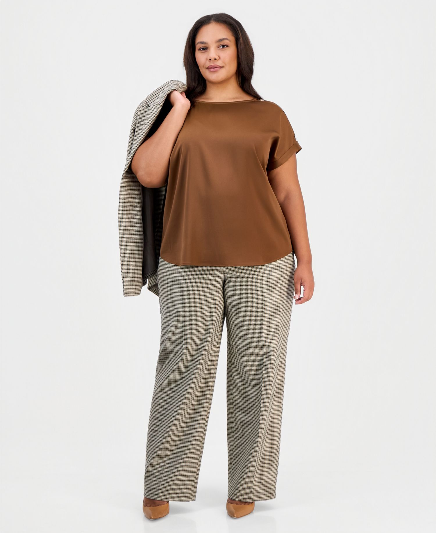 Plus Size Satin Short-Sleeve Shoulder Button Detail Blouse